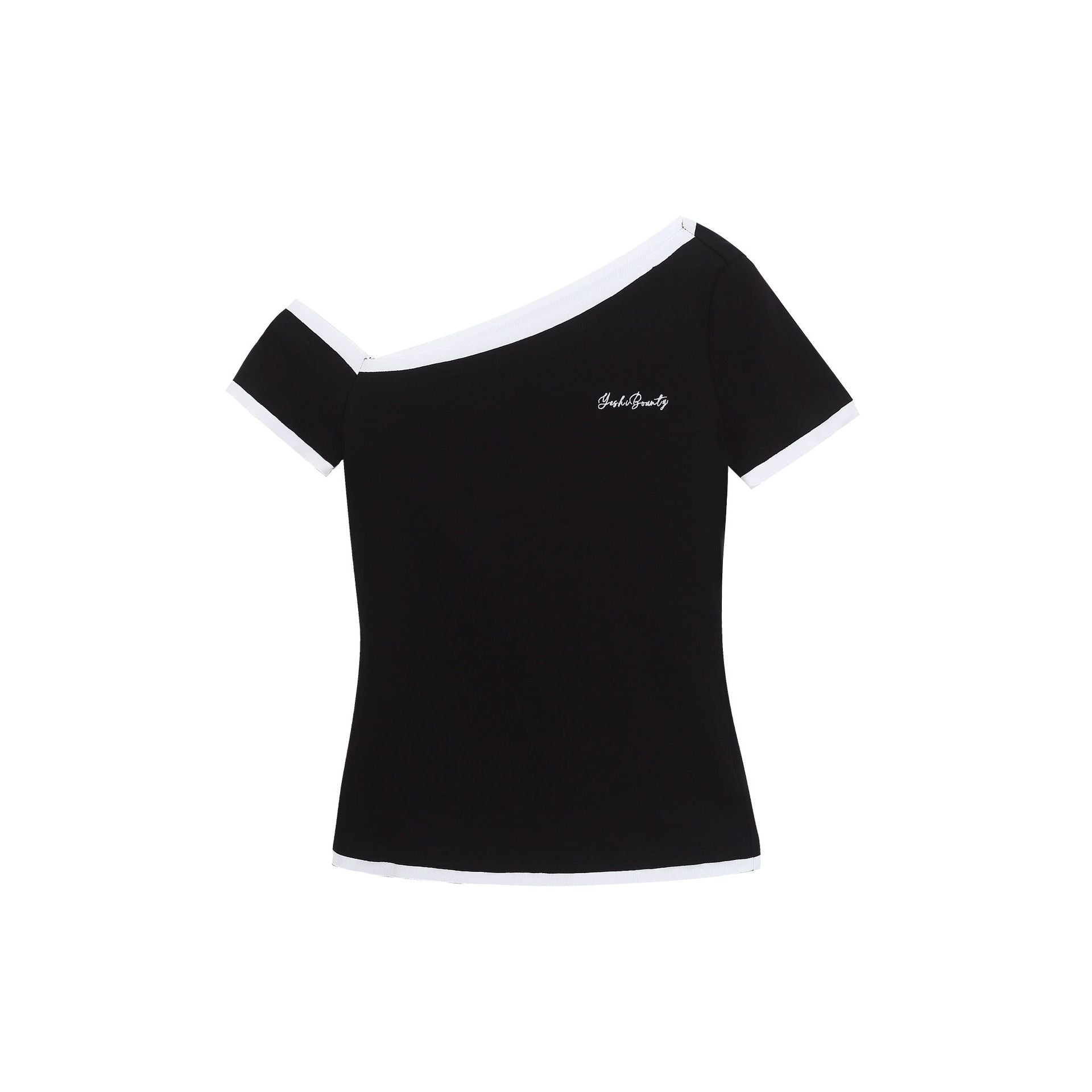One-Shoulder Color-Block Short Sleeve Top, Faux Two-Piece Slim Fit Revealing Shoulder T-Shirt