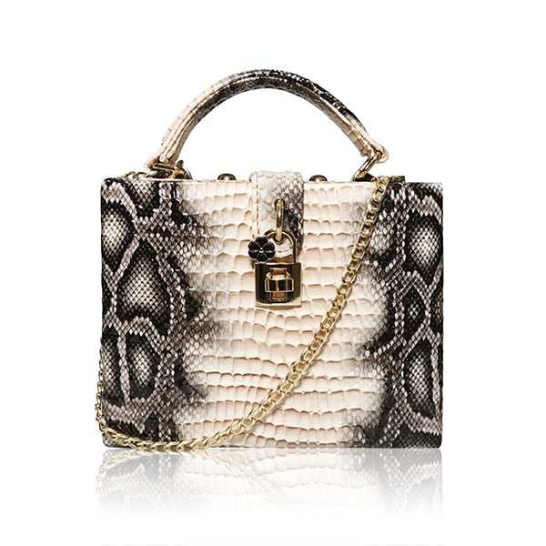 Snake Print Box Handbag Women Serpentine Lock Small Square PU Evening Clutch Shoulder Bag Ladies Dinner Party Purse Personality