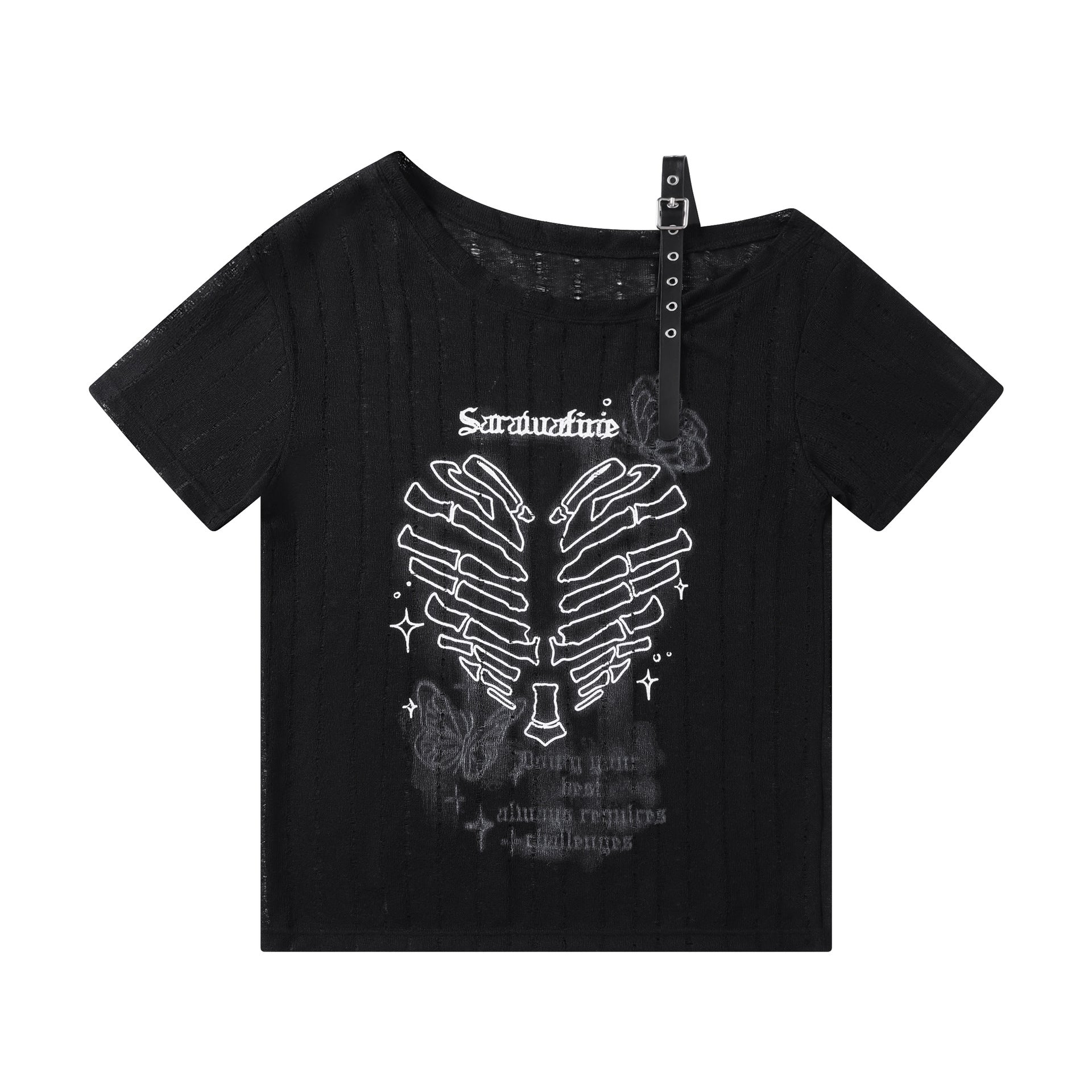 Dark-themed Skeleton Print Top with Color-blocked Leather Buckle Straps