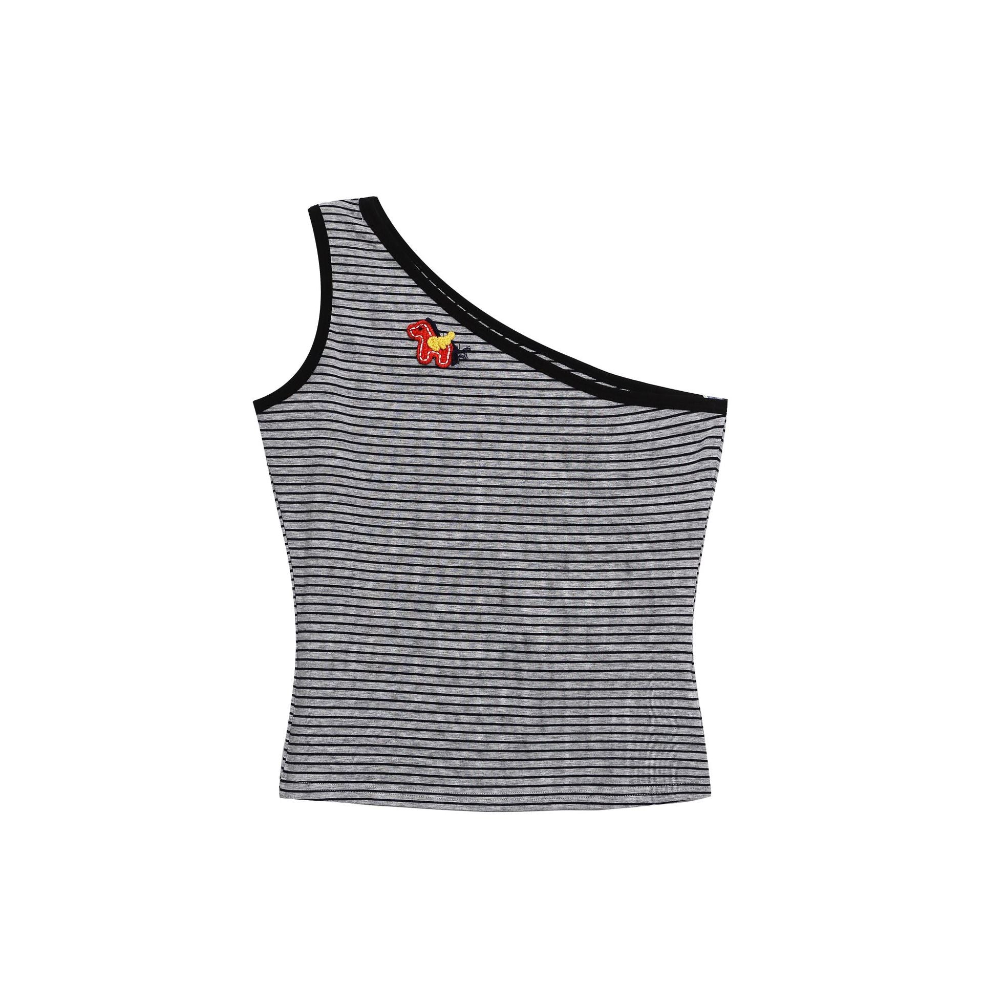 Crop Top with Asymmetrical Shoulder Stripes, Fitted Sleeveless Bodysuit with Embroidered Studs