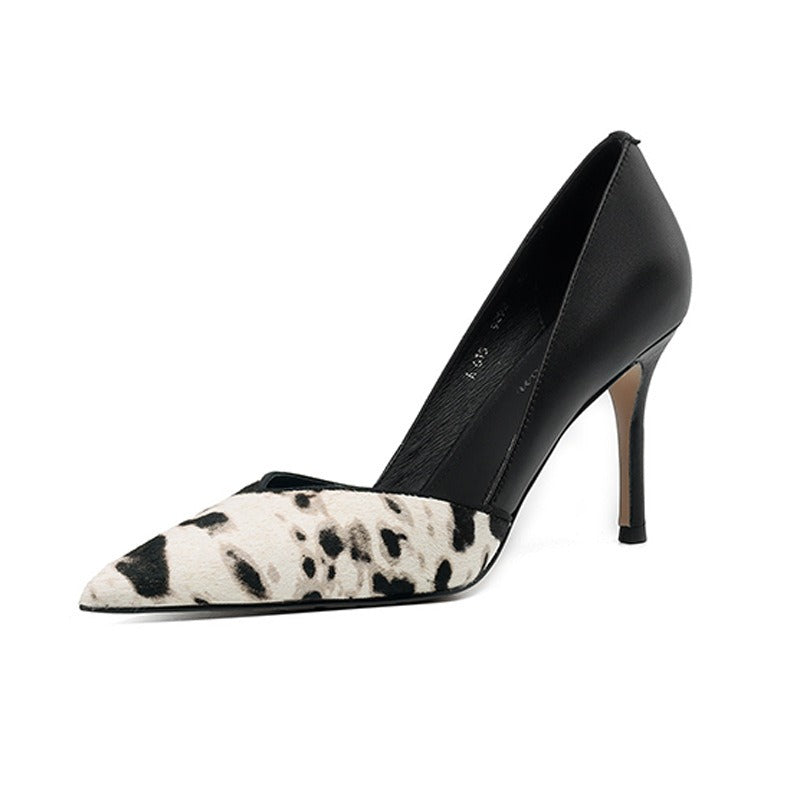 Pointed thin high heels, color blocking horse hair, sexy spicy mom, banquet single shoes for women