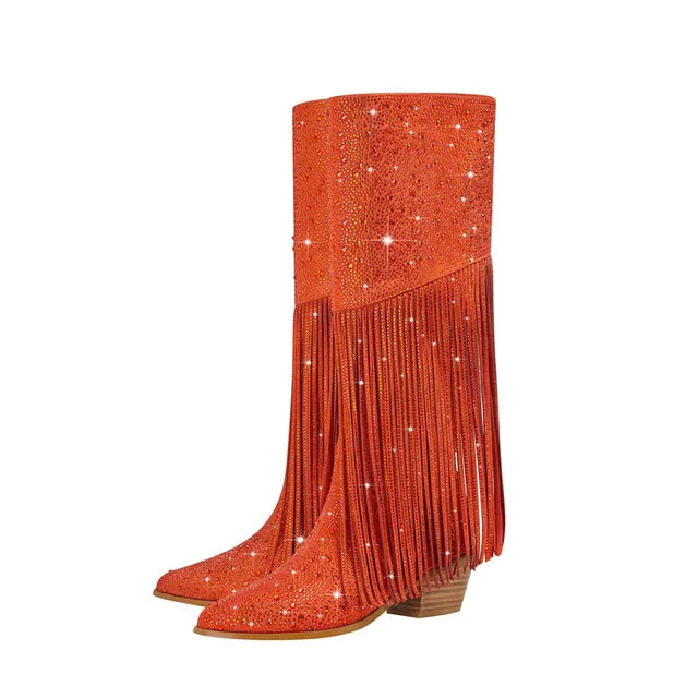 New Women's Thick High Heels Knee Long Women's Boots Fashion Tassel Rhinestone Short Boots Pointed Large Women's Boots