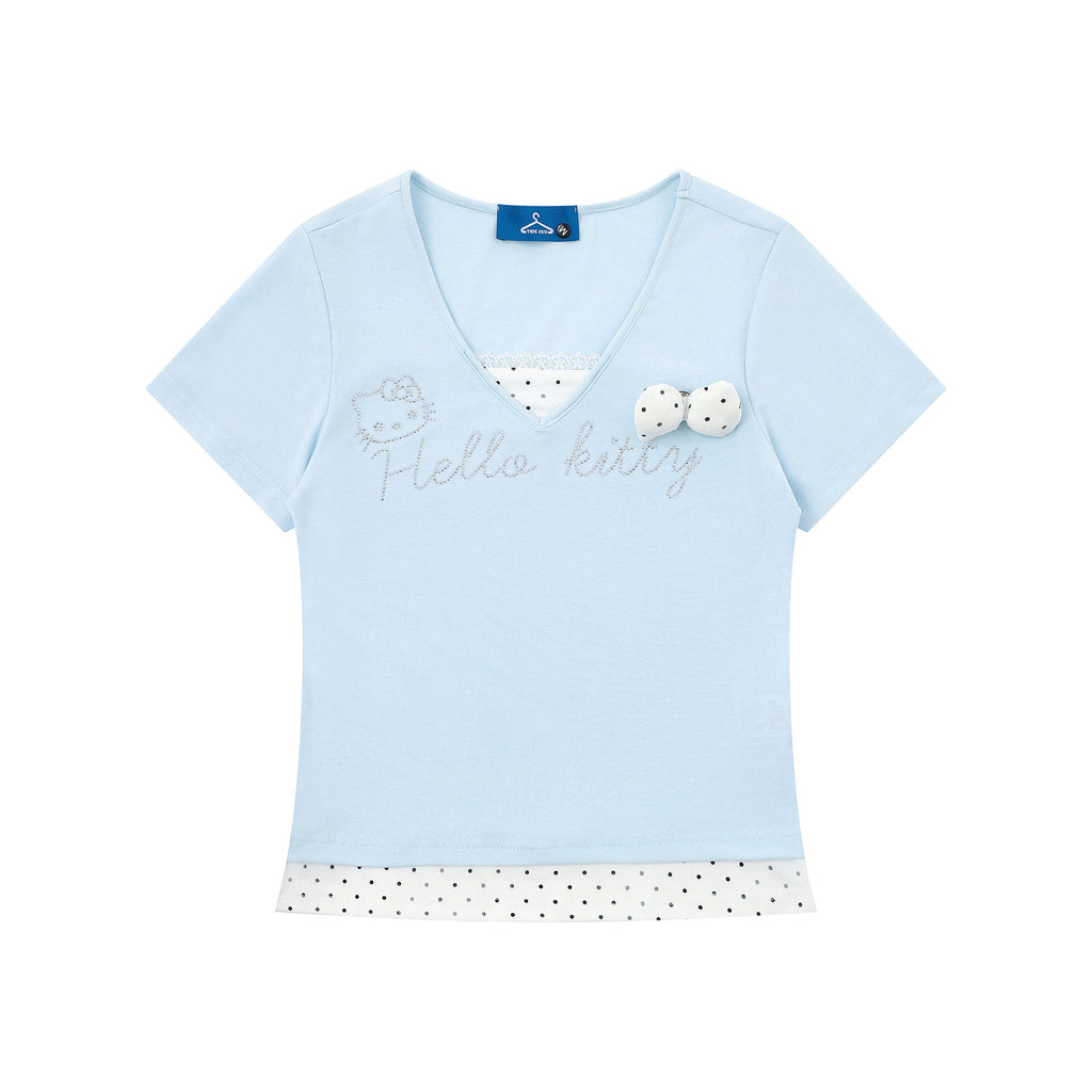 Rhinestone Polka Dot False Two-Piece T-Shirt with Lace Trim Bow Sweet Girl Style Short Sleeve