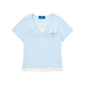 Rhinestone Polka Dot False Two-Piece T-Shirt with Lace Trim Bow Sweet Girl Style Short Sleeve