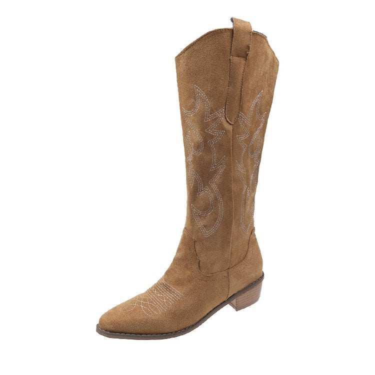Brown thick heeled mid calf knight boots short boots Western cowboy