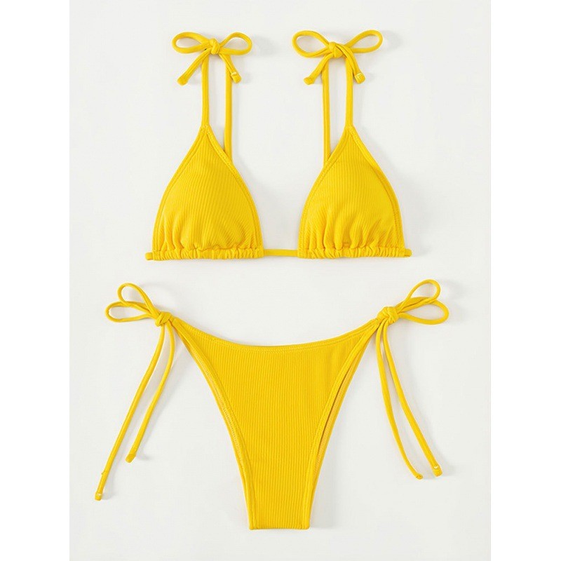 Solid color lace up three-point bikini