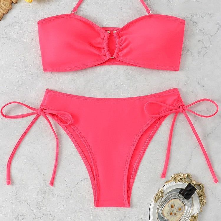 Solid color lace up bikini