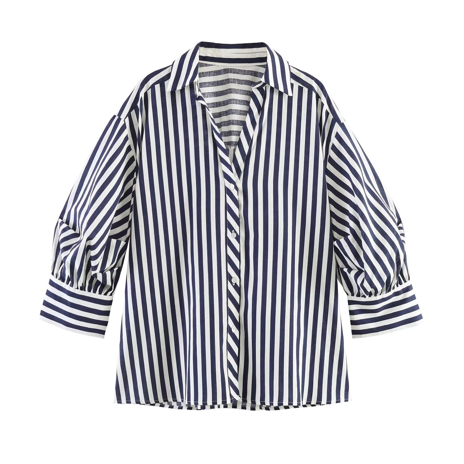 Simple bubble sleeve linen striped shirt