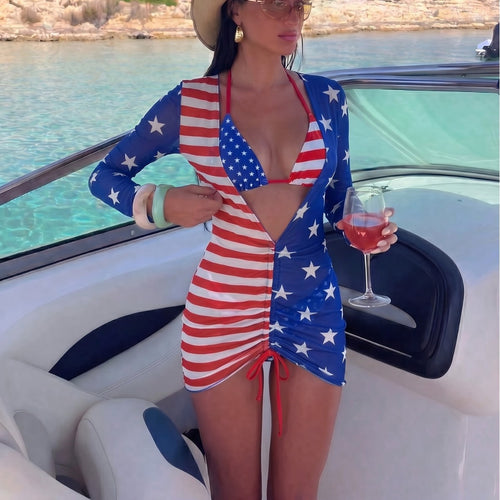 Flag Print Three-Piece Swimsuit with Mesh Tie-Up Cover-Up Long Dress, Vacation Swimwear
