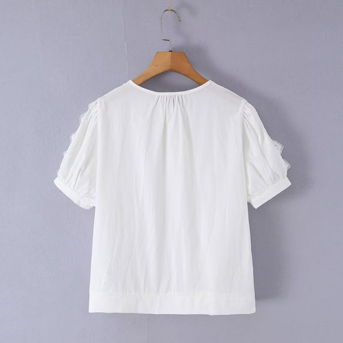 Cotton pleated lace patchwork short sleeved shirt