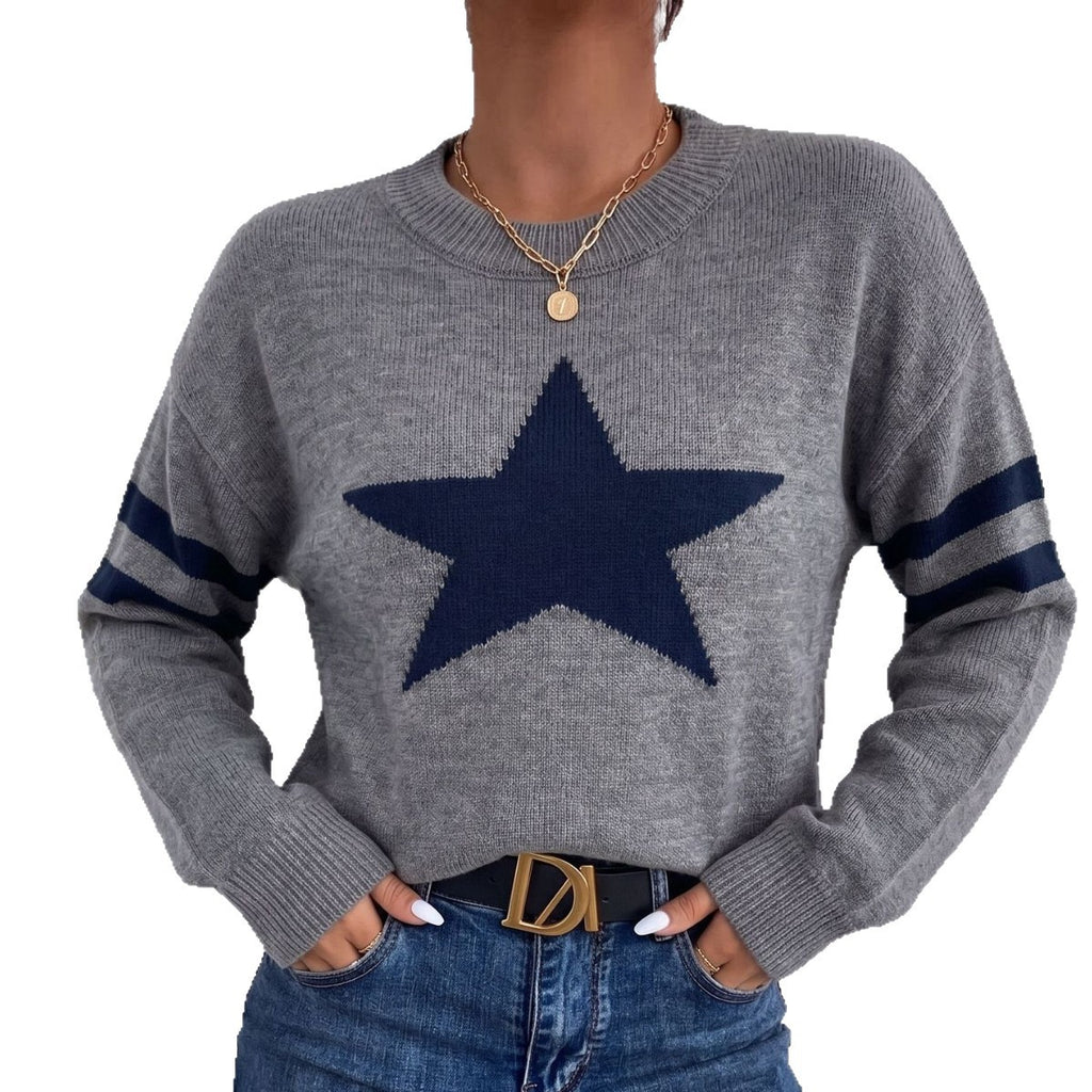Style star jacquard knit sweater for women, autumn/winter, loose fit, round neck, striped pullover undershirt