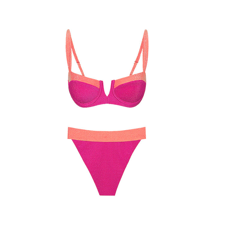 Color-blocked glittery Sleeveless  One-piece  Bikini-style  Swimwear Set