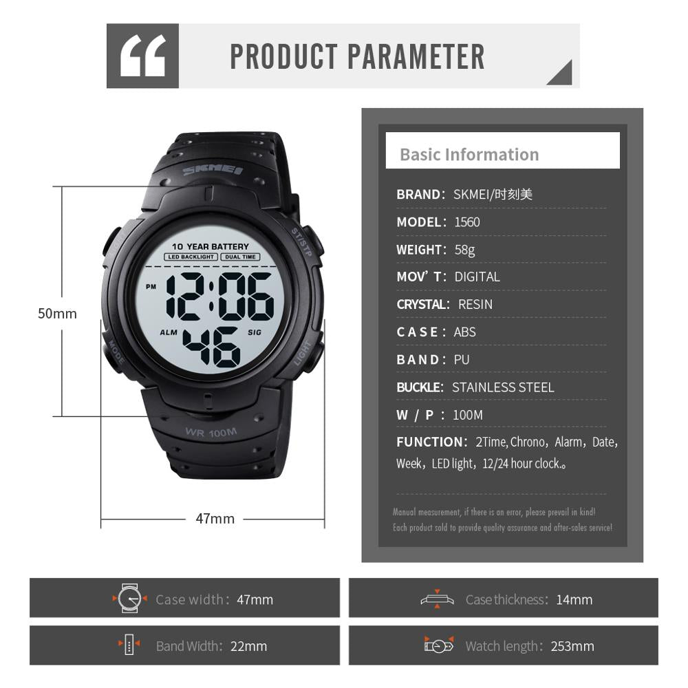SKMEI 10 Years Battery Men's Watch 100M Waterproof Alarm Clock Sport Watches LED Digital Man Wrist Watch relogio masculino 1560