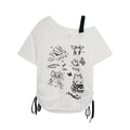 Cartoon Kitty Print T-Shirt with Contrast Shoulder Straps, Fitted Slim Fit Short Sleeve