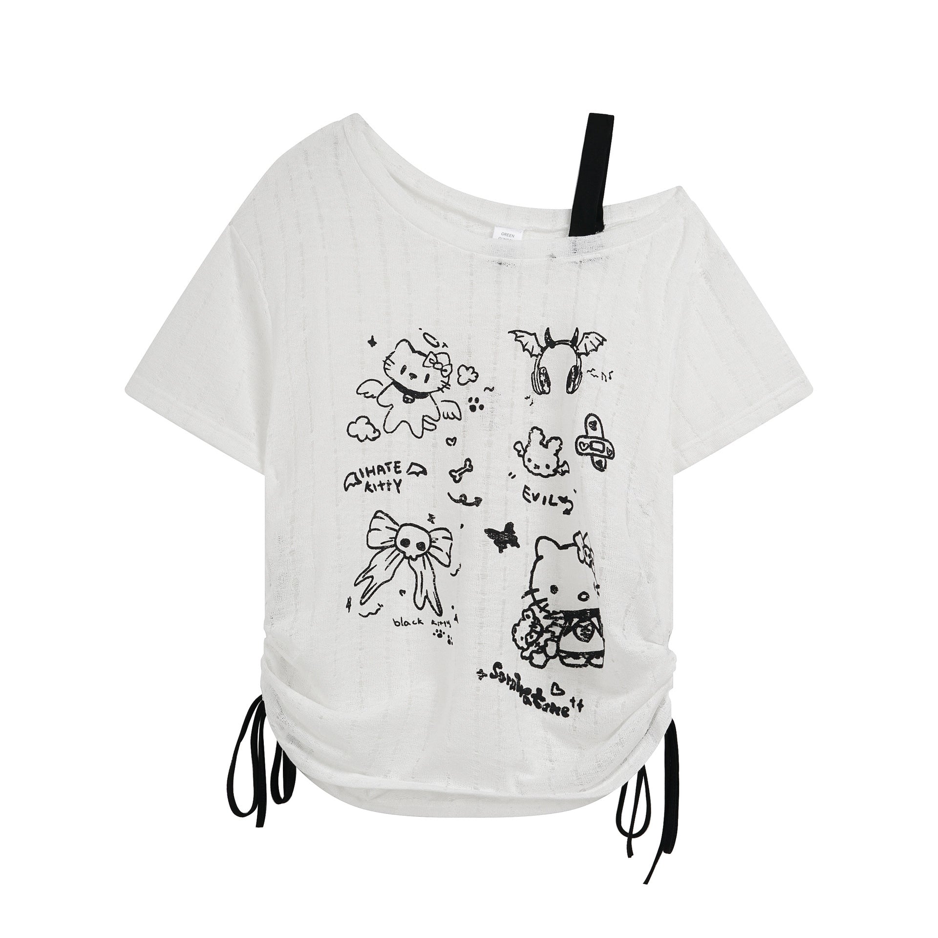 Cartoon Kitty Print T-Shirt with Contrast Shoulder Straps, Fitted Slim Fit Short Sleeve