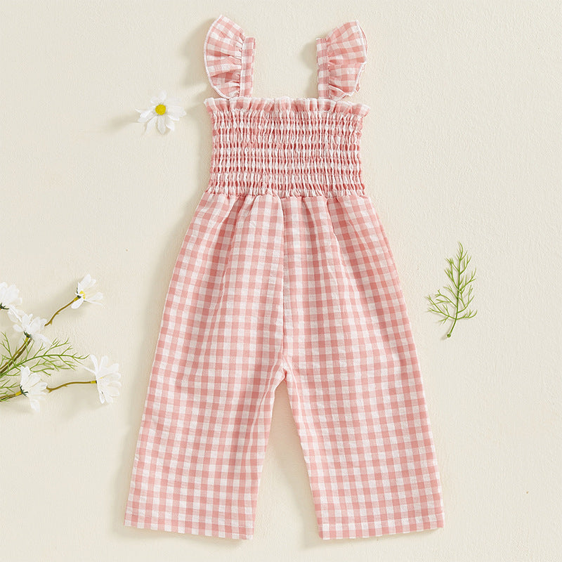 Cute Girl's Summer Plaid Flutter Sleeve Jumpsuit, Lightweight Wide Leg Bodysuit