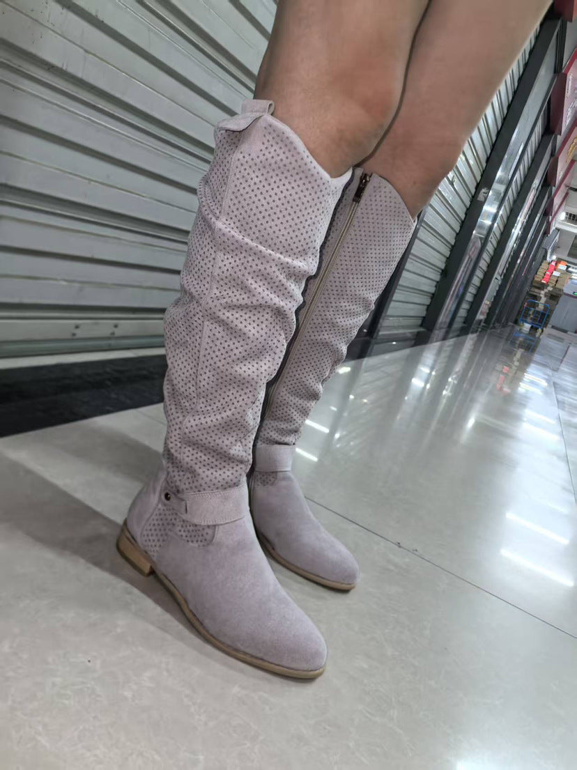 Casual low heel side zipper burned flower high top women's boots