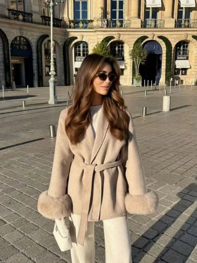Fur Patchwork Woolen Short Coat Fashion New Autumn Winter Cardigan