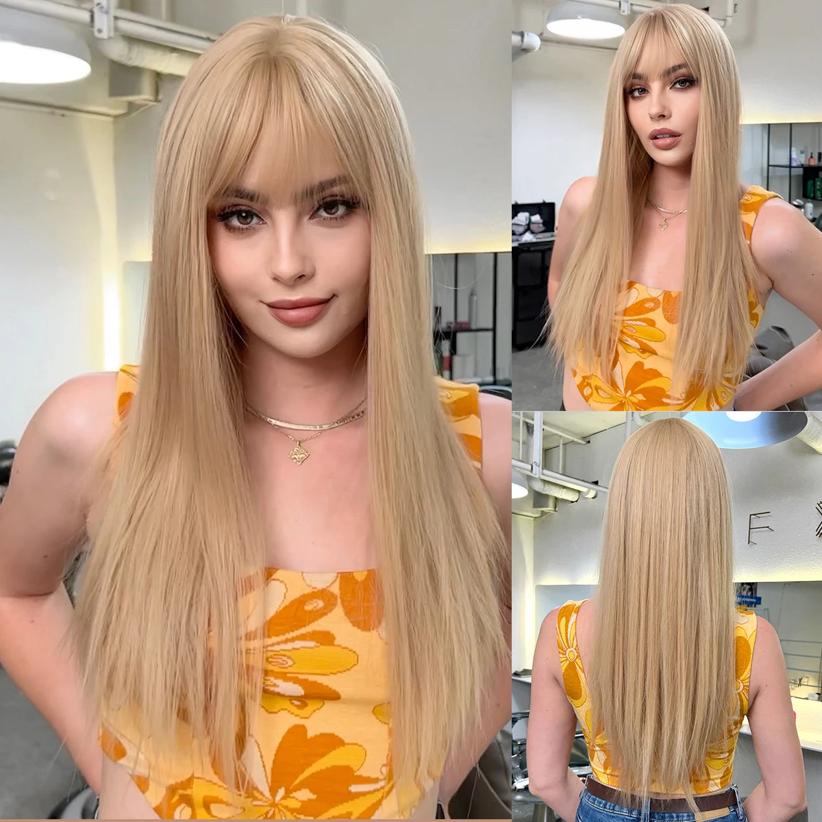 Light Blonde Golden Hair Long Silky Straight Synthetic Wig