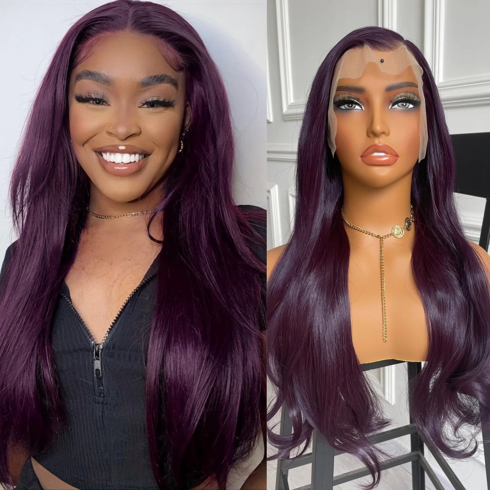 Dark Purple Wig Synthetic Hair Natural Wavy Lace Front Wig