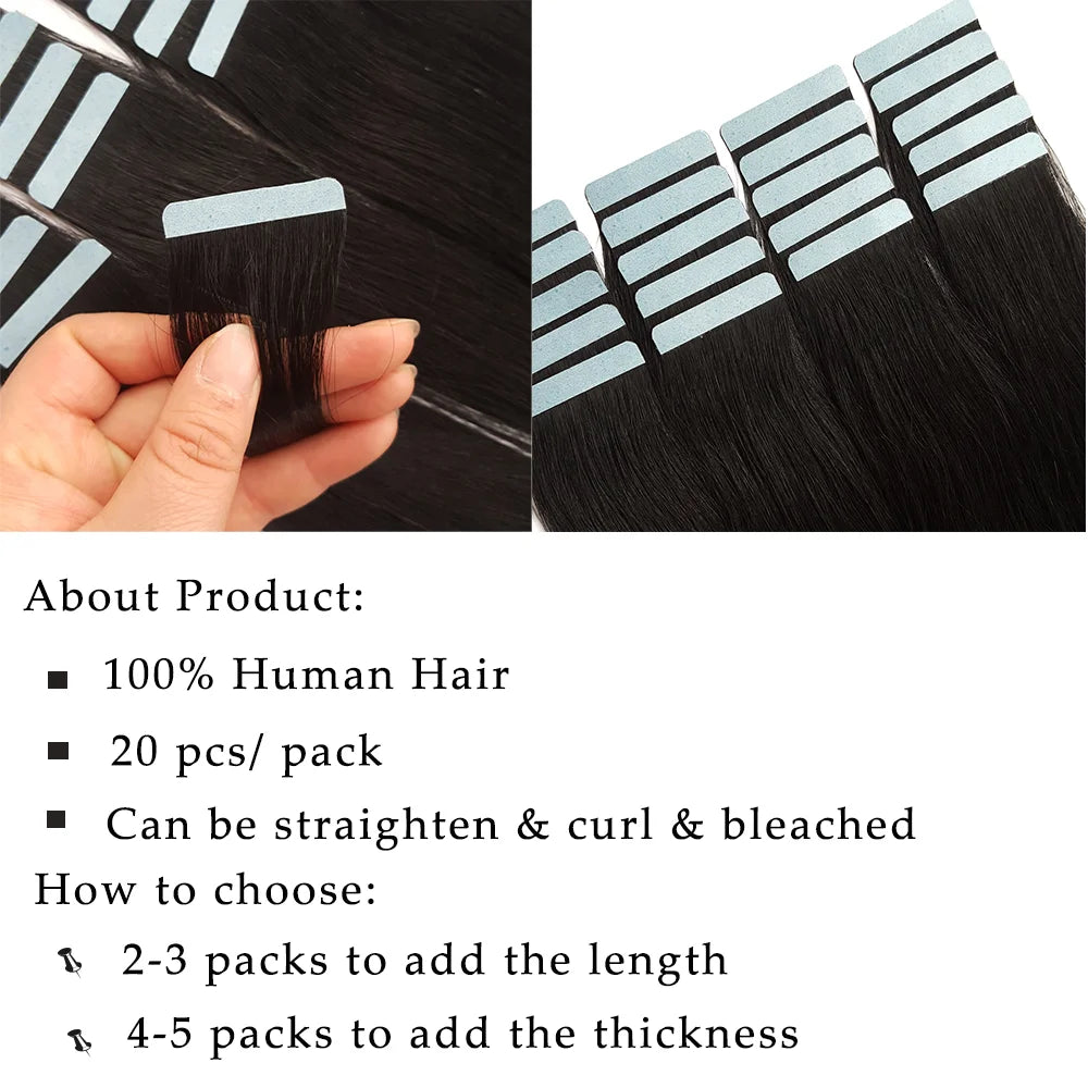 Tape In Hair Extensions 100% Human Hair 12"-24" Adhesive Replaceable Seamless Skin Weft Tape 20/40pcs Straight Hair For Women