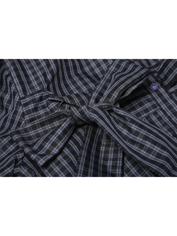 Women's Plaid Shirts and Blouses Y2k Vintage 90s Aesthetic Harajuku 2000s Elegant Long Sleeve Bow Shirt Top Clothes 2024 Summer
