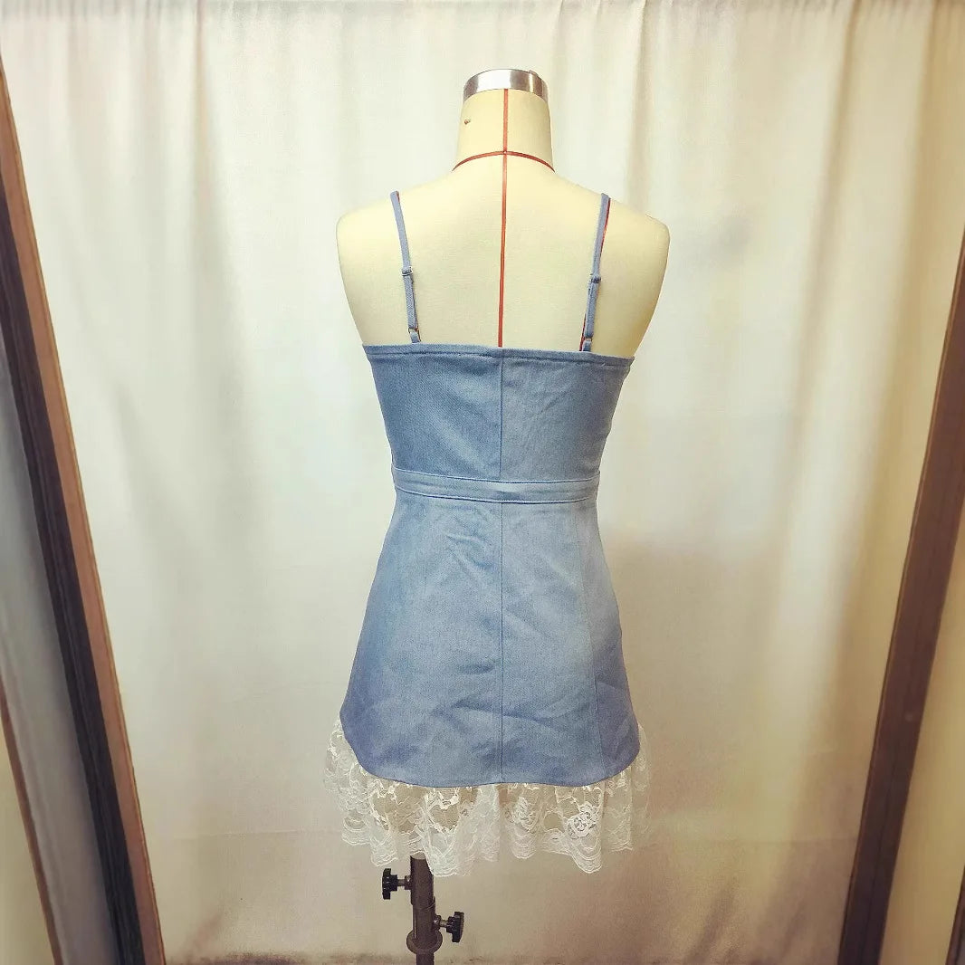 Dress Sexy Slim Sleeveless Spliced Denim  Fashion