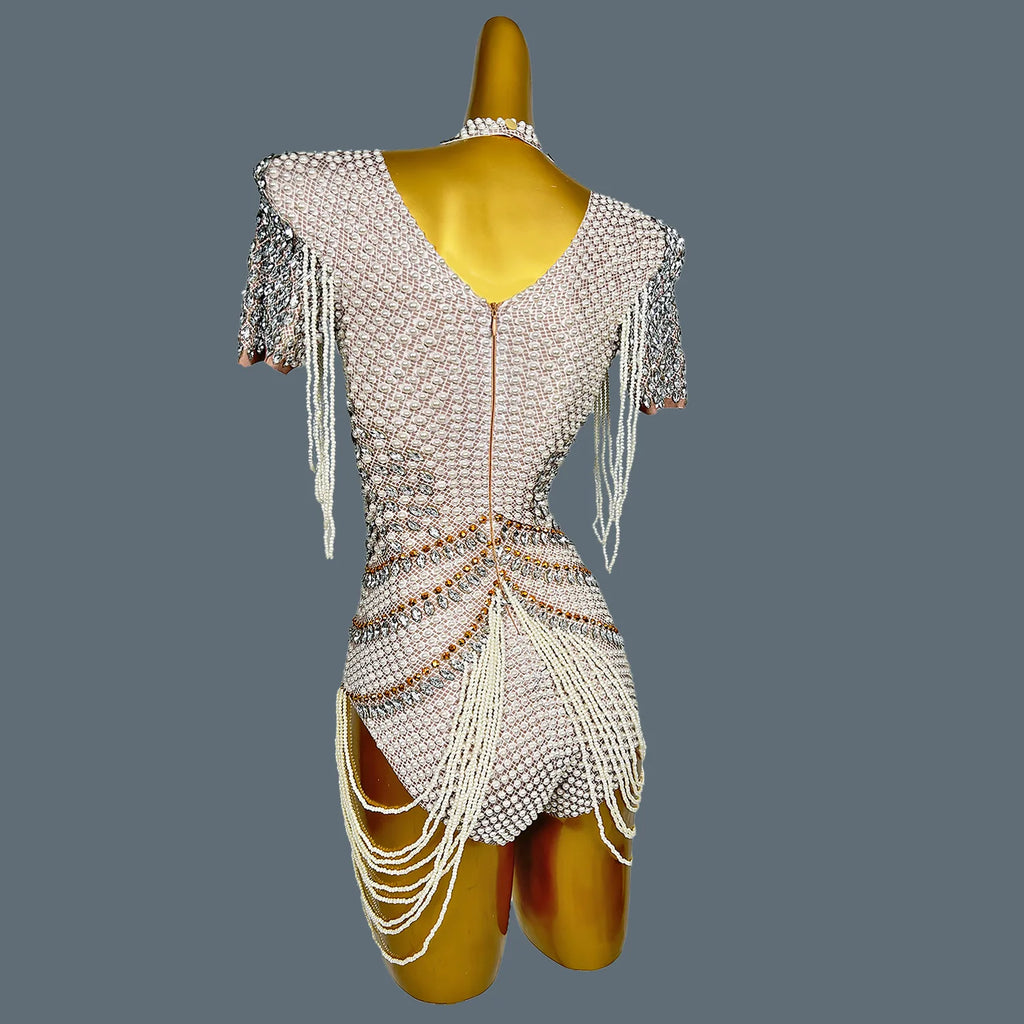 White Beaded Pearls Leotard Women Birthday Party Bodysuits Nightclub Singer Dancer Performance Drag Queen Stage Wear Xiangya