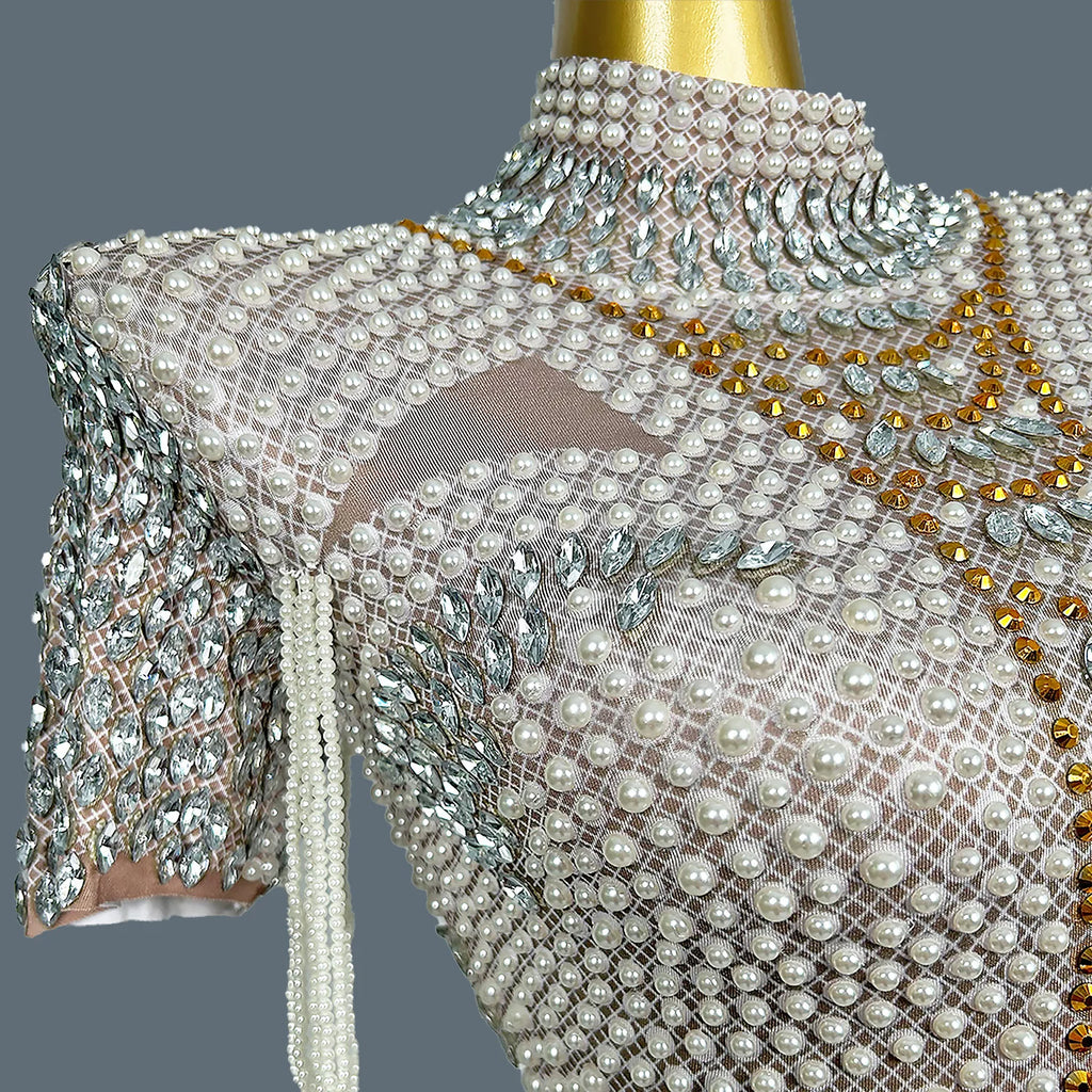White Beaded Pearls Leotard Women Birthday Party Bodysuits Nightclub Singer Dancer Performance Drag Queen Stage Wear Xiangya