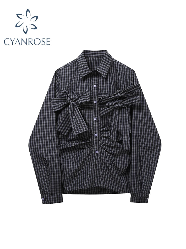 Women's Plaid Shirts and Blouses Y2k Vintage 90s Aesthetic Harajuku 2000s Elegant Long Sleeve Bow Shirt Top Clothes 2024 Summer